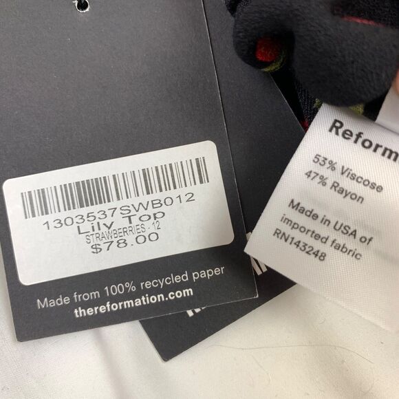 REFORMATION Lily Strawberry Square Neck Black 12 M L Strappy Tie Top Tank Print - Picture 4 of 8